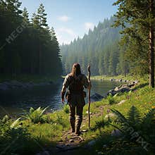 An AI generated image of a lone medieval fantasy traveller walking in forested wilderness