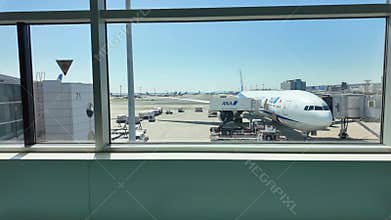 ANA or All Nippon Airways Airlines is Japan national airline plane stops and prepares to receive passengers