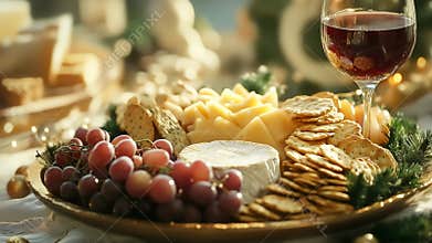 Christmas cheese board with assorted cheeses, grapes, crackers, and a glass of red wine on a decorated table.