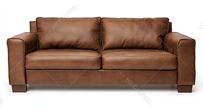High-Quality PNG Brown Leather Sofa - Isolated on White Background