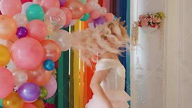 young romantic happy woman princess. lady queen laughs cheerfully smile dance.