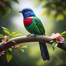 An AI generated image of colorful bird perching on a branch in forest