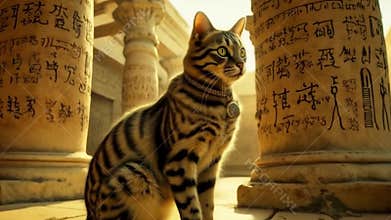 Golden Egyptian magic divine cat, cat in the temple of the Egyptian goddess