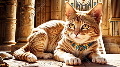 Golden Egyptian magic divine cat, cat in the temple of the Egyptian goddess