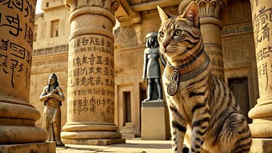 Golden Egyptian magic divine cat, cat in the temple of the Egyptian goddess