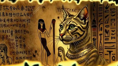 Golden Egyptian magic divine cat, cat in the temple of the Egyptian goddess