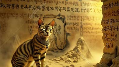 Golden Egyptian magic divine cat, cat in the temple of the Egyptian goddess