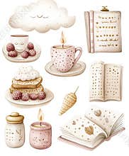 Cozy watercolor clipart with candles, books, berries, mugs, and treats. Soft pastel aesthetic.