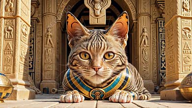 Golden Egyptian magic divine cat, cat in the temple of the Egyptian goddess
