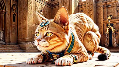 Golden Egyptian magic divine cat, cat in the temple of the Egyptian goddess