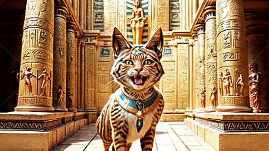 Golden Egyptian magic divine cat, cat in the temple of the Egyptian goddess