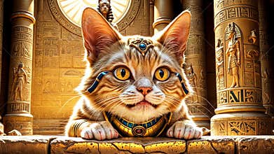 Golden Egyptian magic divine cat, cat in the temple of the Egyptian goddess