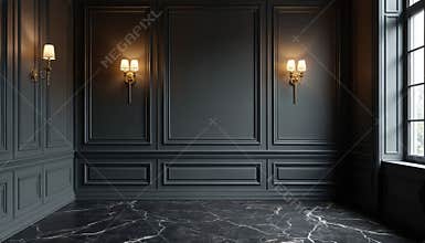 Empty dark panelled room with wall lamps. Interior design mockup. Classic, luxury interior. Black, gold colors. Elegant