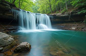 Scenic Cedar waterfall in Hocking Hills State Park Ohio. Stunning cascade flowing into turquoise pool. Rich green forest, rocky