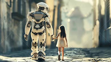 Future Companions : Robot and Child Walking Hand in Hand Ai Generative