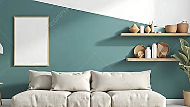 An airy living room set with a minimalist aesthetic. The sofa is low-slung and covered in a durable woven Generative AI