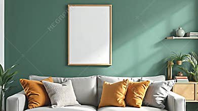 A living room interior showcasing a comfortable sofa with scatter cushions in complementary colors. A Generative AI