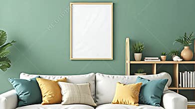 A living room interior showcasing a comfortable sofa with scatter cushions in complementary colors. A Generative AI