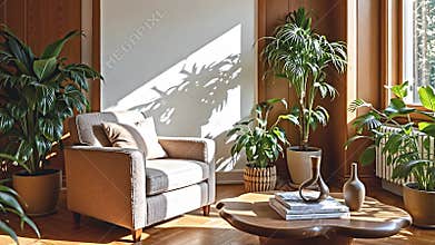 A sun-drenched living room features a generously sized, comfortable armchair upholstered in textured fabric, Generative AI