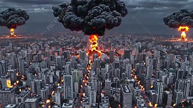 Aerial View of Huge Explosions and Fire in a Big City During Missile Attacks