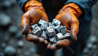Close-up of miner hands holding silver mineral stones. Shiny ore discovery, evaluation process in mining. Metallic elements