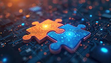 API integration concept with two interlocking puzzle pieces. Interoperability concept with futuristic tech-inspired abstract