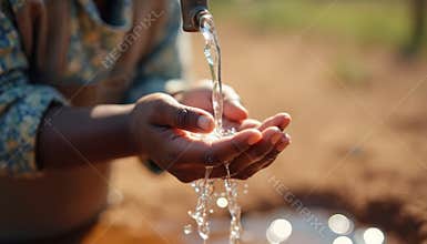 African child hands receiving clean water from faucet. Access to essential resources. Fresh water hope for brighter future. Focus