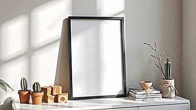 A bright and airy living room scene focuses on a mock-up poster frame resting on a console table. The frame Generative AI