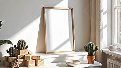 A bright and airy living room scene focuses on a mock-up poster frame resting on a console table. The frame Generative AI