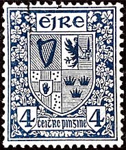 1940 Irish 4d stamp: Coat of Arms of Ireland with Celtic and national symbols.
