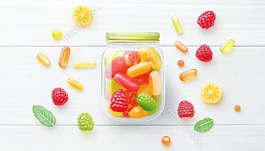 Top View Of Vitamins Gummy In A Glass Jar On White Wooden Surface: Multivitamin Candies Shaped Like Various Fruits For Nutrition