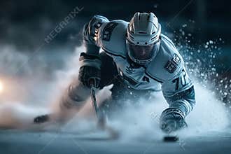 Hockey player 71 on ice rink, crouched with hockey stick, contrasting helmet, snow or ice shavings, indoor lighting, artificial