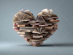 Heart-shaped book structure Books of varying sizes, stacked tightly Indoor setting with neutral backdrop Realistic style with