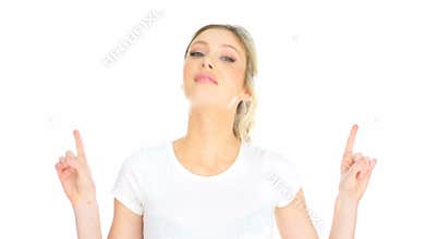 Blonde woman pointing up with her fingers