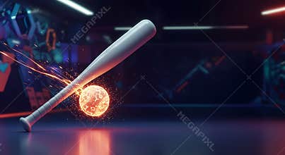 Fiery Baseball Bat Impact: Dynamic 3D Render of a Baseball Hitting a Glowing Ball