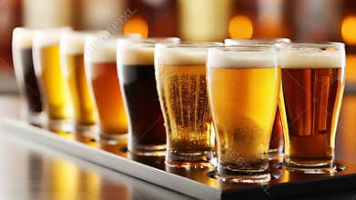 Assorted Craft Beer Samples in Glasses on a Wooden Tray Display