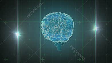 On start translucent blue brain rotating clockwise revealing neural pathways in virtual interface