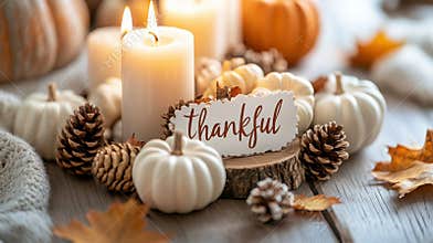 Elegant thanksgiving centerpiece with ivory candles, pumpkins, pinecones, and dried leaves arranged around cursive