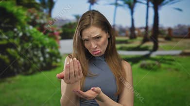 Young caucasian woman extends empty palms begging for money in sunny green park outdoors; desperation plea