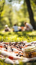 Ants swarming over a picnic blanket with food, people relaxing in the background, highlighting the constant interaction between