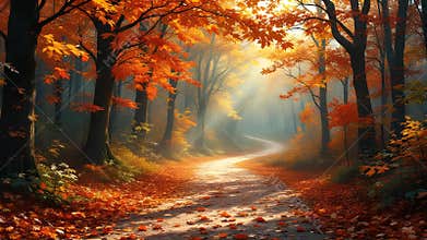 Golden autumn forest path bathed in sunlight and fallen leaves