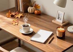 Cozy Autumn Workspace with Warm Coffee and Scented Candle
