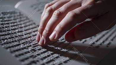 Close up of female hands reading braille, touching white paper with fingers, feeling the raised dots that form words