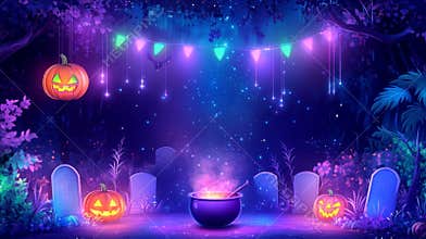 Halloween night scene with glowing pumpkins, tombstone, spooky cauldron, and bunting lights in a mystical forest. Spooky haunted