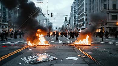 City unrest bloom: riot flame, blocked road, protester cry, explosive blast, smoke swirl, officer shield, chaotic movement, broken