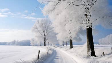 Winter Road Through Frosted Trees Scene - Ai Generative