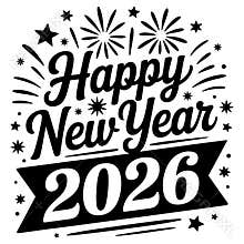 Bold 2026 Happy New Year Typography with Balloons, Fireworks, and Stars - Festive Black and White Vector