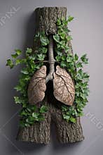 Art installation combining nature and human anatomy with tree trunk and lung structure decorated with ivy in a modern setting
