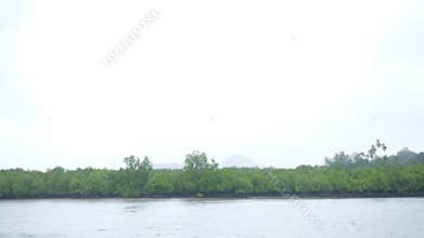 Tropical coastal village with mangrove forest and communication tower and ferry crossing point