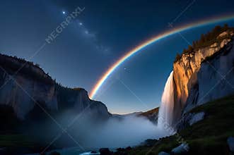 Lunar Rainbow and Milky Way Over Majestic Waterfall at Night
